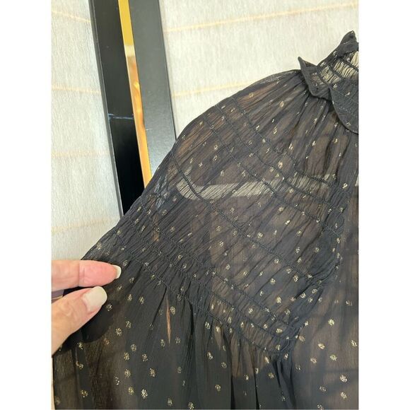 LOFT Black Sheer Metallic Dot Smocked Ruffle Blouse NWT Women’s M - Picture 3 of 9